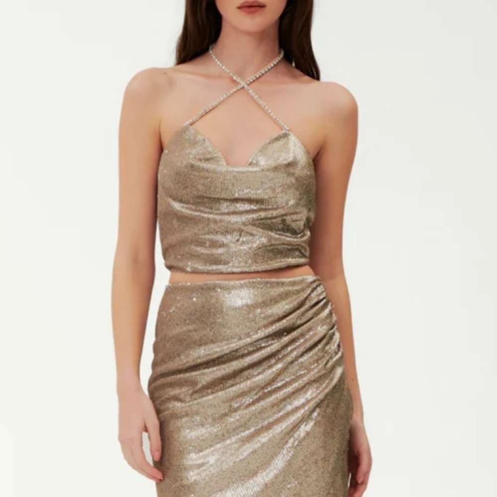 Nicholas NWT Champagne Sequins Kore Halter with Embellished Straps